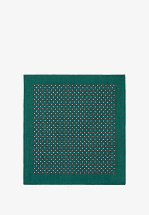 Zielona tkanina z geometrycznym wzorem małych czerwonych i niebieskich kropek rozmieszczonych równomiernie, tworzących fakturowaną powierzchnię. Kształt kwadratu.