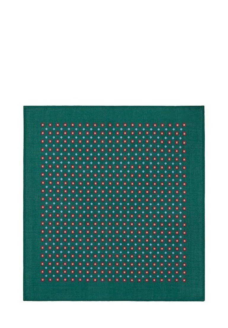 Zielona tkanina z geometrycznym wzorem małych czerwonych i niebieskich kropek rozmieszczonych równomiernie, tworzących fakturowaną powierzchnię. Kształt kwadratu.