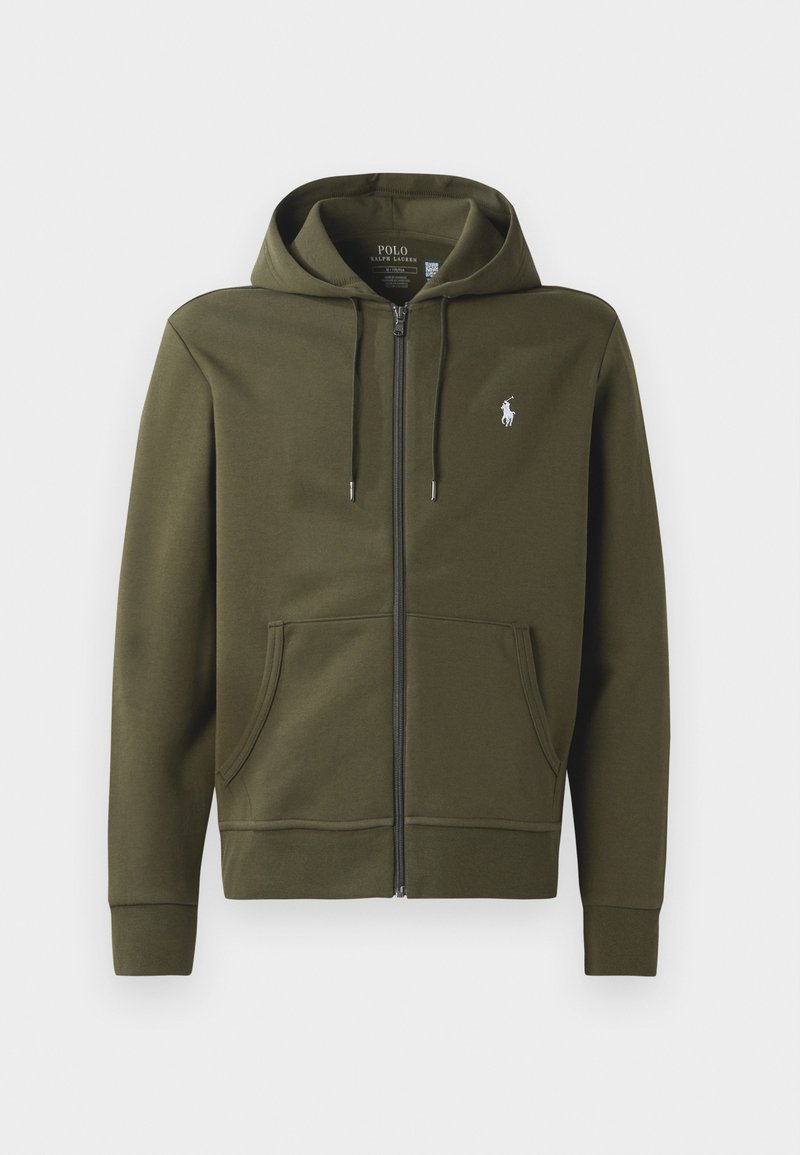 Olivgrüne Zip-Up-Hoodie aus weichem Baumwollmaterial, mit Kängurutasche, verstellbarem Kapuzenzug und einem kleinen weißen Logo auf der linken Brust.