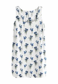 Ärmelloses Kleid mit Blumenmuster, das blaue und grüne Blumen auf weißem Hintergrund zeigt. Hergestellt aus leichtem Stoff mit einem runden Ausschnitt.