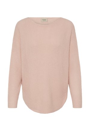 Svetloružový pletený sveter s voľným strihom, zaobleným výstrihom a dlhými rukávmi. Má textúrovaný vzor a zaoblený spodný okraj.