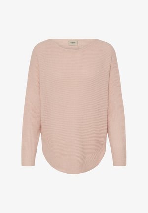 Lys lyserød strikket sweater med løs pasform, rund halsudskæring og lange ærmer. Har et tekstureret mønster og en buet kant.