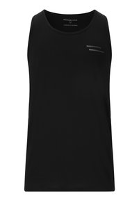 Svart ärmlös träningslinne av slät tyg, med diskreta reflekterande ränder fram och rundad halsringning.