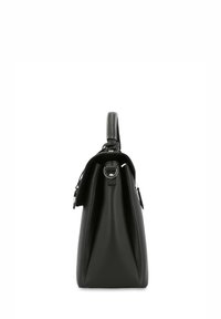 Schwarze Lederhandtasche mit strukturierter Form, einem einzigen oberen Griff, silbernen Beschlägen und texturierter Oberfläche. Verfügt über einen Reißverschluss und seitliche Akzente.