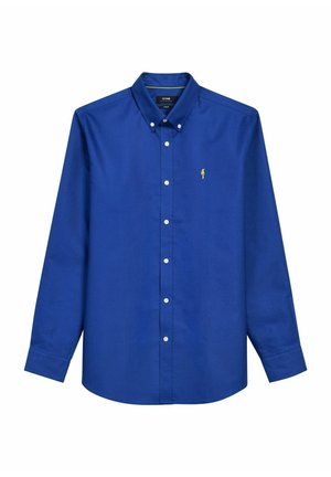 Niebieska koszula z długim rękawem zapinana na guziki, wykonana z gładkiego materiału, z klasycznym kołnierzykiem. Posiada białe guziki i małe żółte logo na piersi.