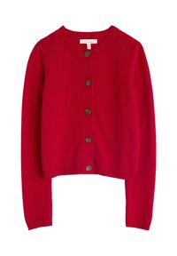 Sarkans adīts krekls ar garām piedurknēm, apaļu kakla izgriezumu un sešām brūnām pogām priekšpusē. Nodozojot struktūru, tam ir ribotas piedurkņu gali un apakšmalas.