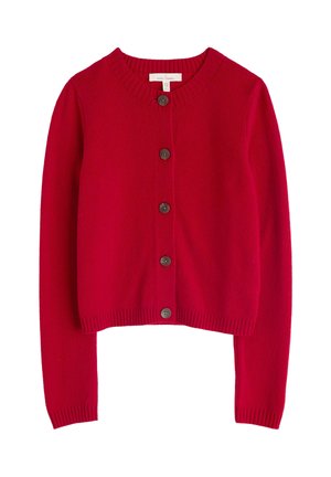 Rode gebreide cardigan met lange mouwen, ronde hals en zes bruine knopen aan de voorkant. Heeft geribbelde manchetten en zoom voor textuur.