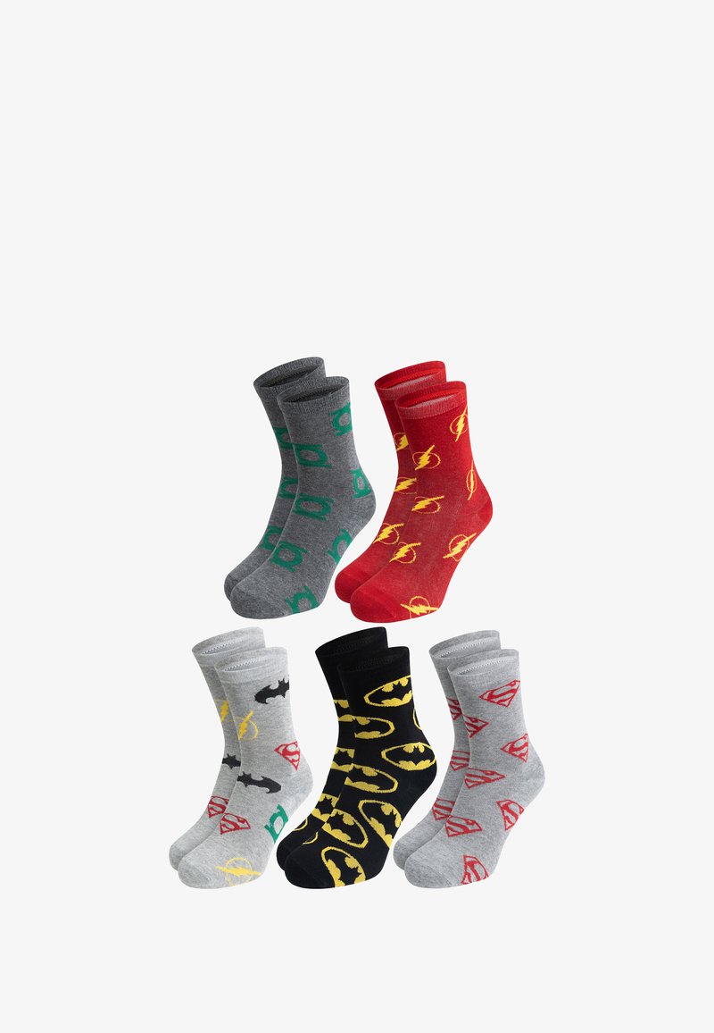 Five pairs of socks: gray with green logos, red with yellow lightning symbols, black with yellow bats, and gray with red symbols, all mid-calf length.