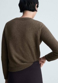 Brązowy sweter z dzianiny z okrągłym dekoltem i prążkowanymi rękawami, z lekko dłuższym tylnym końcem i gładką teksturą.