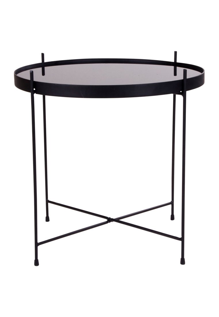 Table ronde en métal noir avec un dessus en verre, présentant un design épuré et des pieds fins. La structure comprend une base croisée pour plus de stabilité.