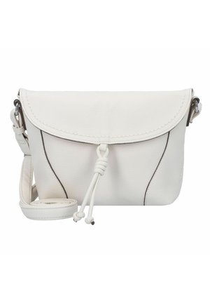 Witte leren schoudertas met een omvouwbare flap, trekkoordsluiting en contrasterende stiksels langs de randen. Verstelbare strap inbegrepen.