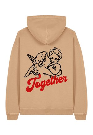 Beige hoodie featuring an embroidered graphic of two figures with wings embracing, accompanied by the text "Together" in red cursive.