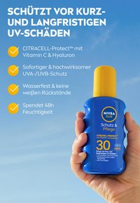 Hand holding blue NIVEA Sun SPF 30 sunscreen bottle against blue sky, with text highlighting UVA/UVB protection, water resistance, and hydration benefits.