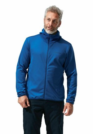 Blauwe zipped jacket met een capuchon, met een gestructureerde stof, nauwsluitend design en subtiel logo op de borst. Gestructureerde accenten bij de kraag.