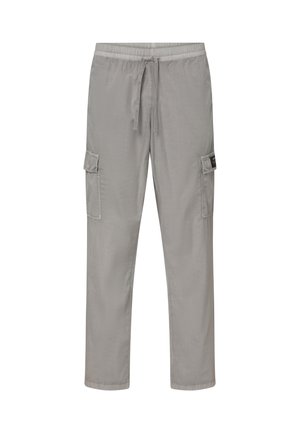 Lichtgrijze casual broek met elastische tailleband, trekkoord en klepzakken op beide dijen, afgebeeld tegen een witte achtergrond.