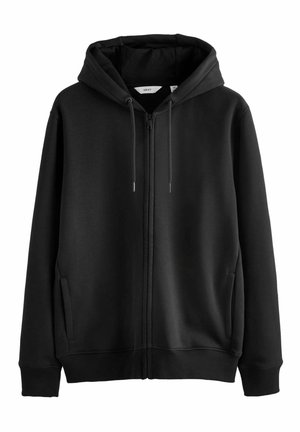 Schwarze Zip-Up-Hoodie mit Kapuze mit Kordelzug, zwei seitlichen Taschen, gerippten Bündchen und Saum, aus einem weichen Textilmaterial gefertigt.