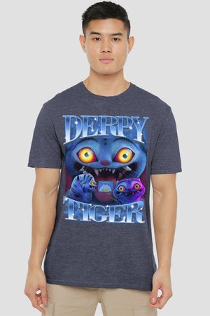 Young man wearing a navy blue t-shirt with colorful cartoon cat faces and the text "Derpy Tiger" in large letters.