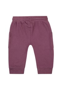 Lila Baumwoll-Jogginghosen mit einem elastischen Bund, zwei seitlichen Cargo-Taschen und gerippten Bündchen für eine enge Passform. Glatte Stoffoberfläche.