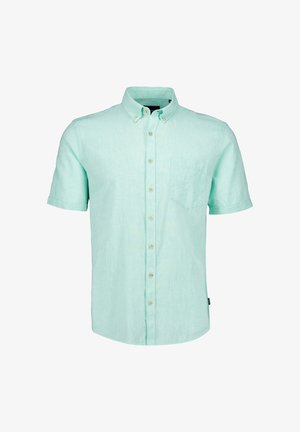 Jasnozielona koszula na krótki rękaw z guzikami, kołnierzem zapinanym na guziki oraz pojedynczą kieszenią na piersi, prezentowana na białym tle.
