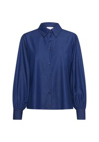 Blusa blu scuro a maniche lunghe con chiusura a bottoni frontale, colletto a punta e polsini arricciati. Tessuto liscio con una leggera lucentezza.