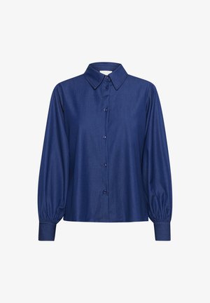 Donkerblauwe blouse met lange mouwen, een knoopsluiting aan de voorkant, een puntkragen en gathered manchetten. Gladde stof met een subtiele glans.