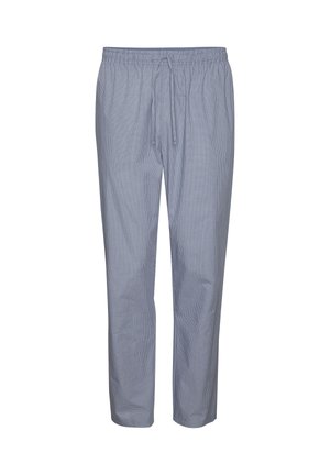 Lichte blauwe en witte geblokte pyjamabroek voor heren met elastische tailleband en trekkoord, weergegeven tegen een witte achtergrond.