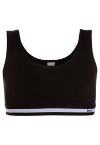 Črna bombažna športna modrček z okroglo neckline, širokimi naramnicami in belo vodoravno črto vzdolž spodnjega roba, na katerem je logotip blagovne znamke.