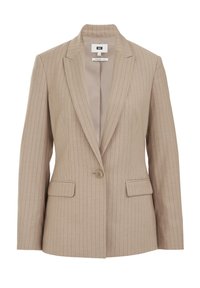 Smėlio spalvos, smulkiai dryžuotas švarkas su įpjauta atlapu, vienu sagos užsegimu, dviem priekinėmis kišenėmis ir lygiu, šviesios spalvos pamušalu viduje.