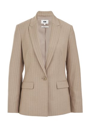 Bézs krāsas svītrains žakete ar izgriezuma veida atloku, vienu pogu aizdari, divām priekšējām kabatām un gludu, gaišas krāsas iekšpusi.