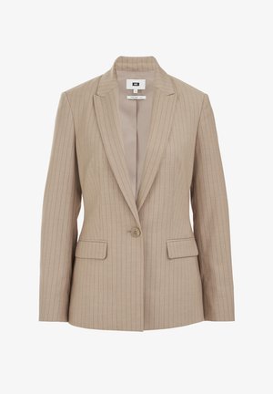 Bézs krāsas svītrains žakete ar izgriezuma veida atloku, vienu pogu aizdari, divām priekšējām kabatām un gludu, gaišas krāsas iekšpusi.