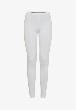 Baltos kelnės, pagamintos iš tamprios medžiagos, prigludusio silueto, lygaus paviršiaus ir be siūlių konstrukcijos su elastingu juosmeniu.