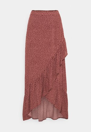 Midirok in roestkleur met kleine witte bloemenprint, asymmetrisch ruchesdetail en een high-low zoom.