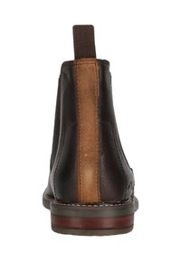 Bruna läderankelstövlar med en slät yta, elastiska sidopaneler och en kontrasterande tanrand, samt en staplad träklack.