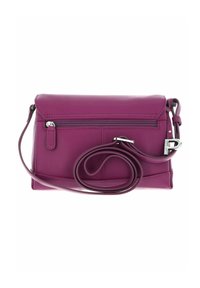 Sac à bandoulière en cuir violet avec poche zippée à l'avant et bandoulière ajustable, enroulé sur un fond blanc.