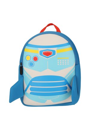 Kinderrugzak ontworpen als een blauw-wit robotgezicht met kleurrijke knoppen en een rood handvat.