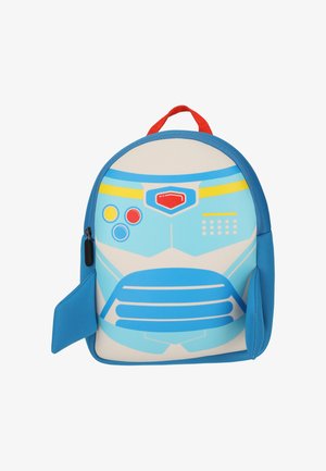 Kinderrugzak ontworpen als een blauw-wit robotgezicht met kleurrijke knoppen en een rood handvat.
