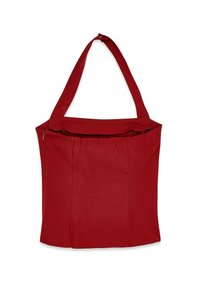 Červená látková taška s dvoma pevným ramennými popruhmi, zipsovým vrchným uzáverom a skladaným predným dielom pre zvýšenú textúru a štýl. Kompaktný a univerzálny dizajn.