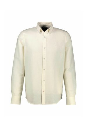 Langärmliges, elfenbeinfarbenes Hemd mit Knöpfen, Kragen und geknöpften Manschetten, vor weißem Hintergrund präsentiert.