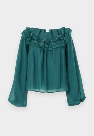 Blusa turchese con scollo sceso sulle spalle, collo arricciato, maniche lunghe, tessuto leggero e vestibilità ampia, progettata per una silhouette rilassata.