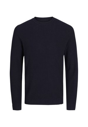 Pull en maille côtelée bleu marine foncé avec un col ras du cou et des manches longues, fabriqué à partir d'un tissu en maille texturé, présentant un design simple et classique.