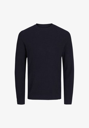 Pull en maille côtelée bleu marine foncé avec un col ras du cou et des manches longues, fabriqué à partir d'un tissu en maille texturé, présentant un design simple et classique.