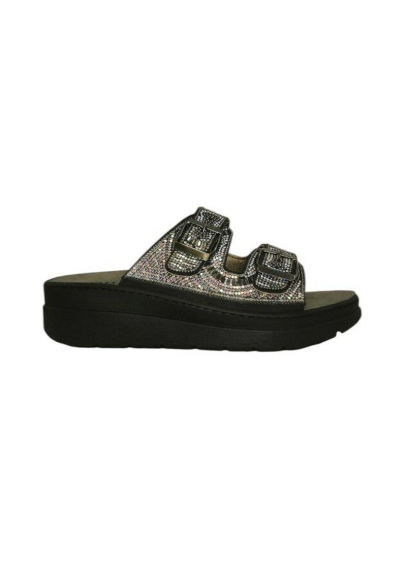 Sandali platform neri con due fasce larghe, fibbie metalliche e superficie testurizzata, dotati di una soletta imbottita per il comfort.