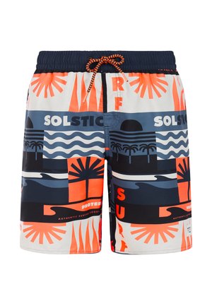 Shorts de bain pour hommes avec ceinture navy et cordon de serrage orange, présentant des motifs côtiers abstraits et des textes comme « SOLSTICE » et « SURF » en bleu, orange et blanc.