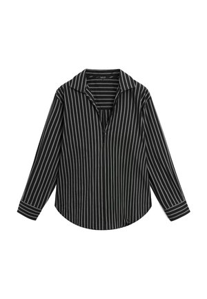 Zwart shirt met lange mouwen, witte verticale strepen, open kraag en knoopdetail aan de voorkant.