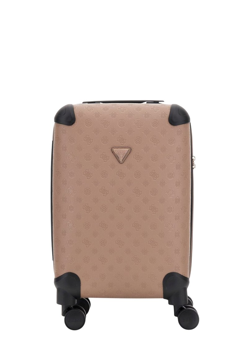 Valigia rigida di colore marrone chiaro con motivo in rilievo, dettagli neri e ruote piroettanti. Dotata di una maniglia superiore e dettagli del logo sulla parte anteriore.