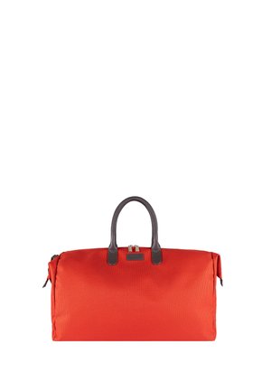 Large red travel bag with brown handles and zipper closure, rectangular shape, standing upright on white background.