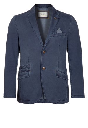 Blazer bleu marine décontracté avec deux boutons sur le devant, poches à rabat, un mouchoir de poche poitrine et un col cranté de Camel Active.