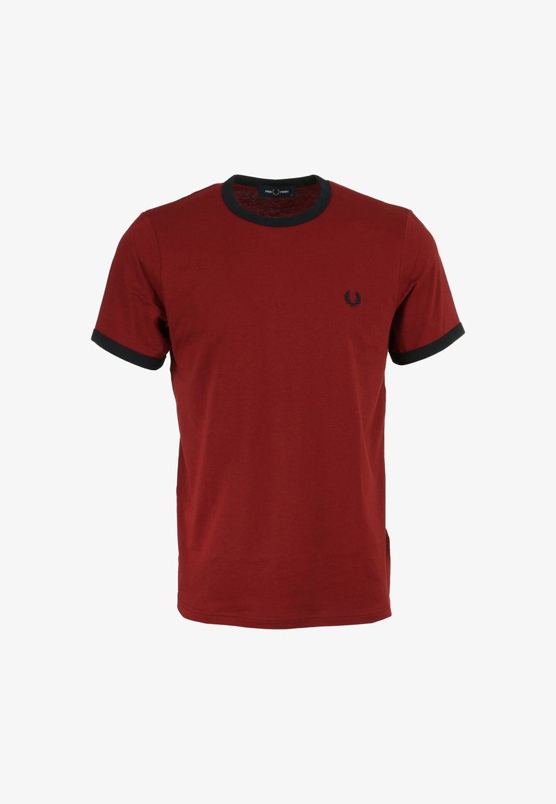 Röd bomullströja med svart ribbad halsringning och ärmslut, med en liten svart emblem på vänster bröst.