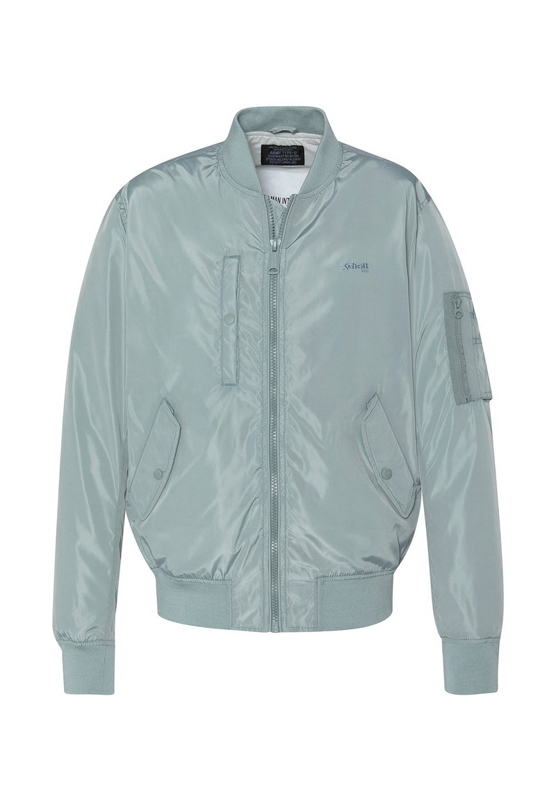 Chaqueta bomber de nylon azul claro con cremallera frontal, cuello acanalado, dos bolsillos laterales y un bolsillo en la manga con detalles de costura visibles.