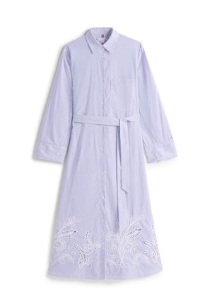 Blue and white striped long shirt dress with a belt, featuring floral embroidery at the hem. Made from woven fabric, has a collar and buttons.